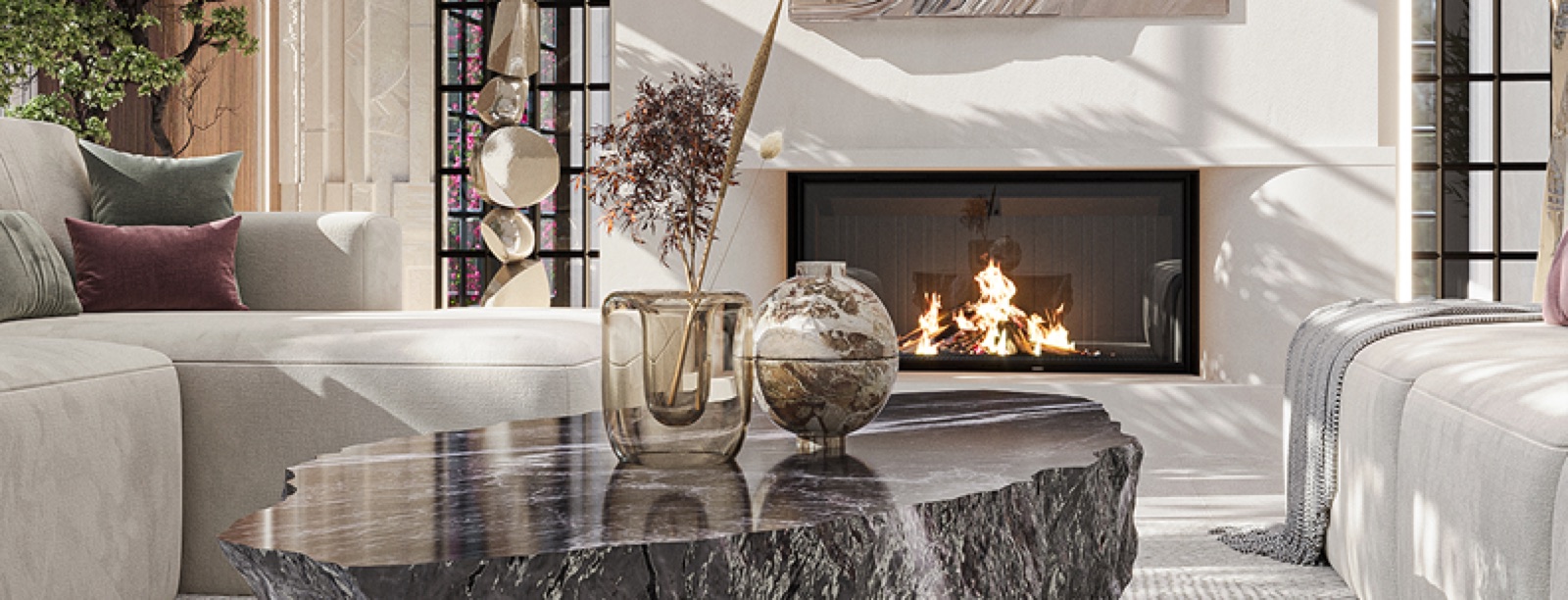Bright living room interior with fireplace