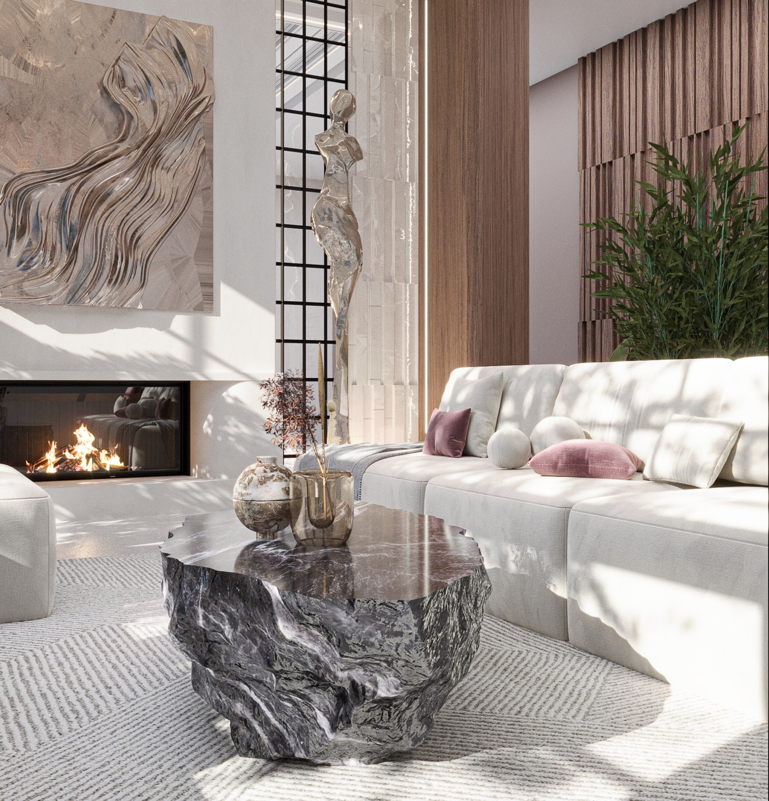 Elegant lounge interior with fireplace and chandelier