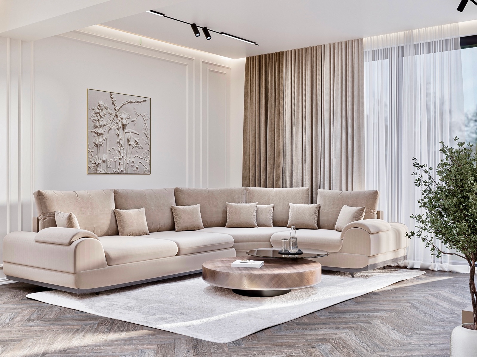 Modern living room with curved sofa and round coffee table
