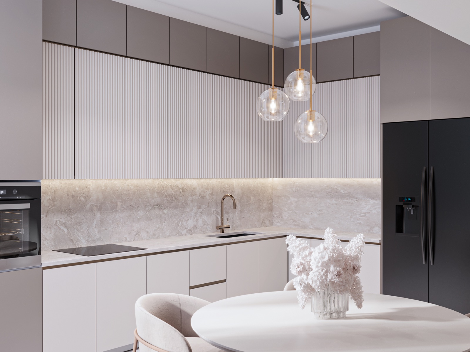Dining and lounge interior with soft neutral palette