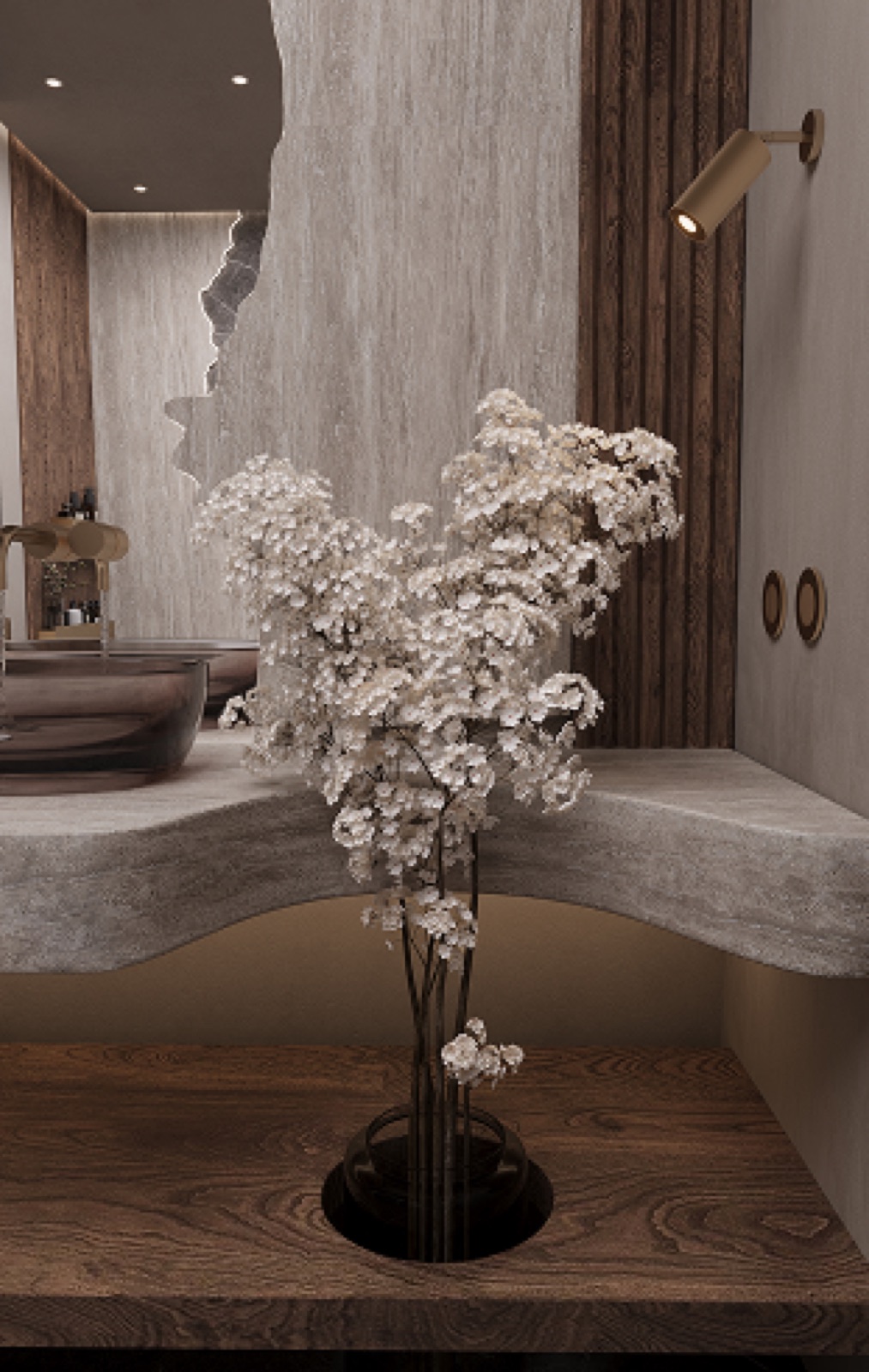Bathroom interior detail with stone, wood, and flowers