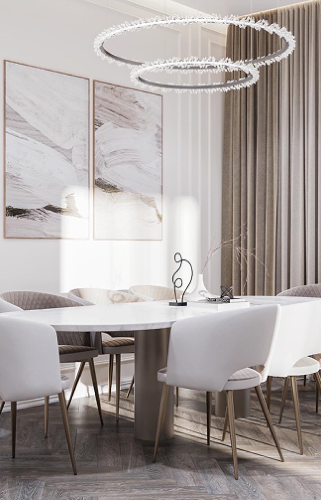 Dining area with pendant lights