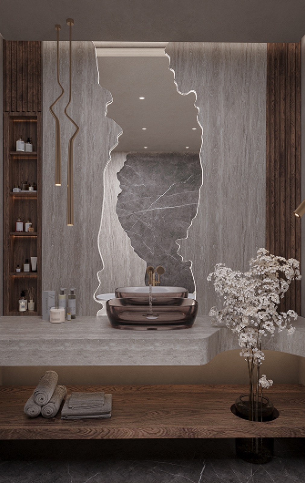 Bedroom interior with stone headboard and warm lighting