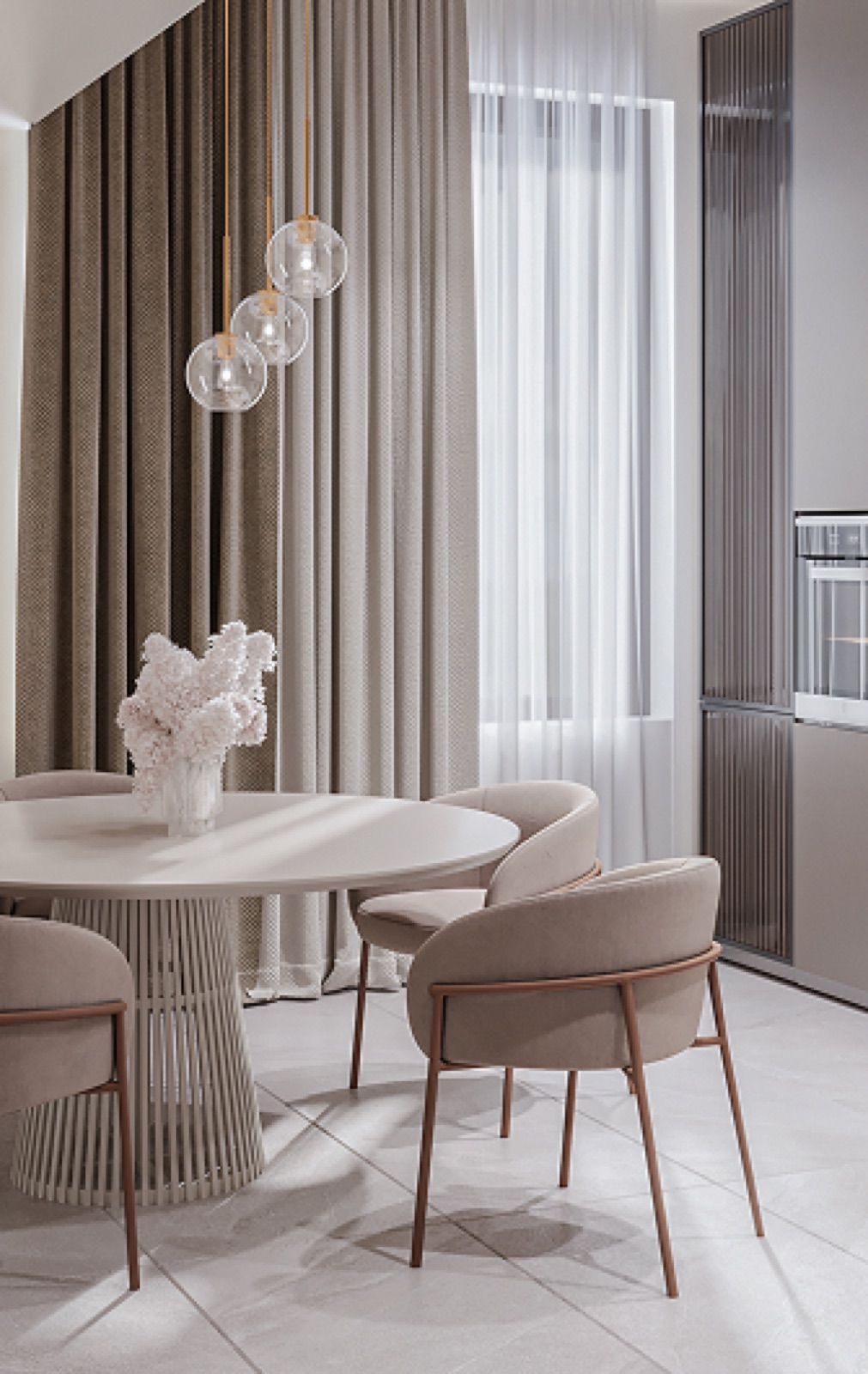 Dining area with curtains and sculptural pendant lights