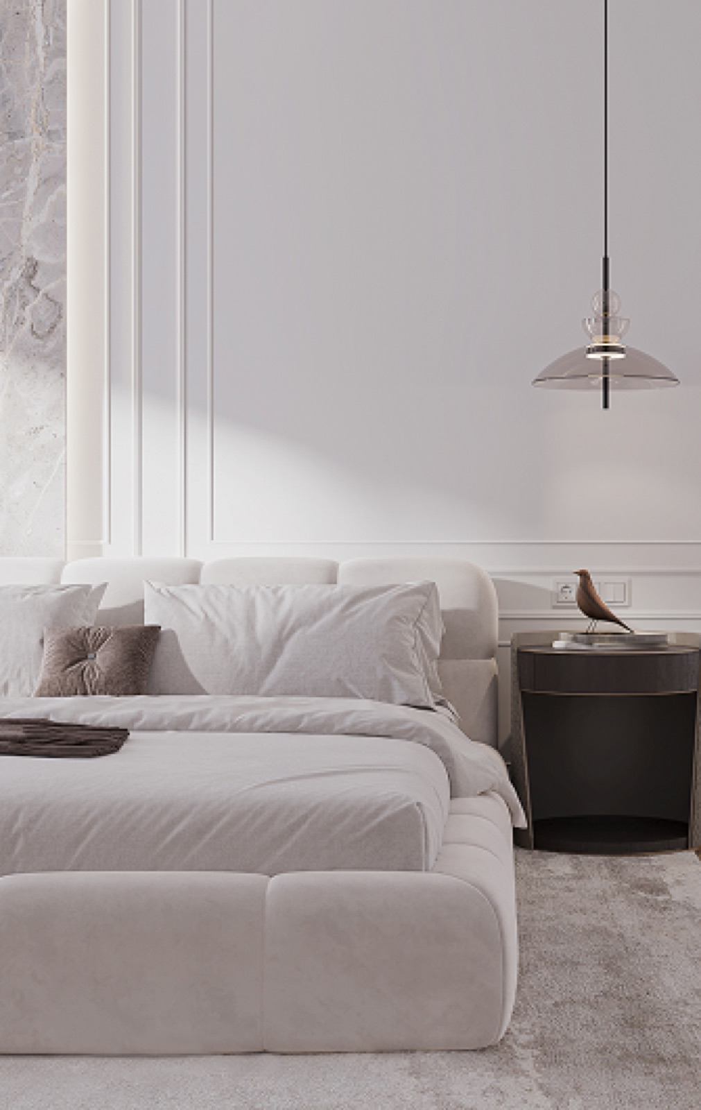 Soft bedroom interior with white sofa and pendant lamp