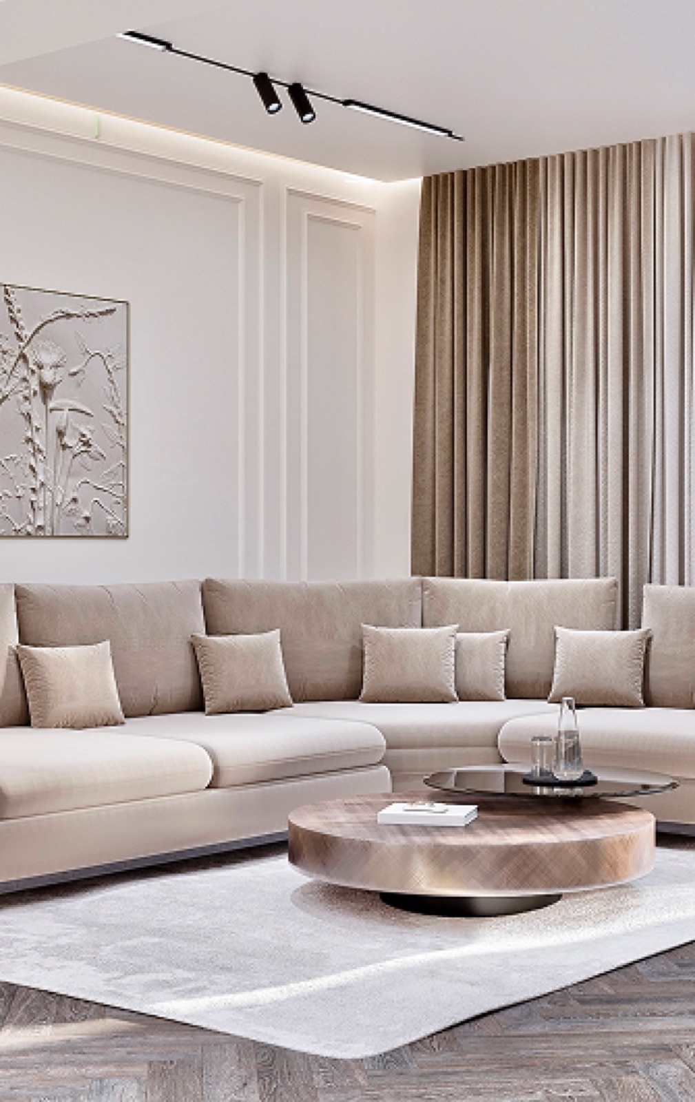 Modern living room with curved sofa and round coffee table