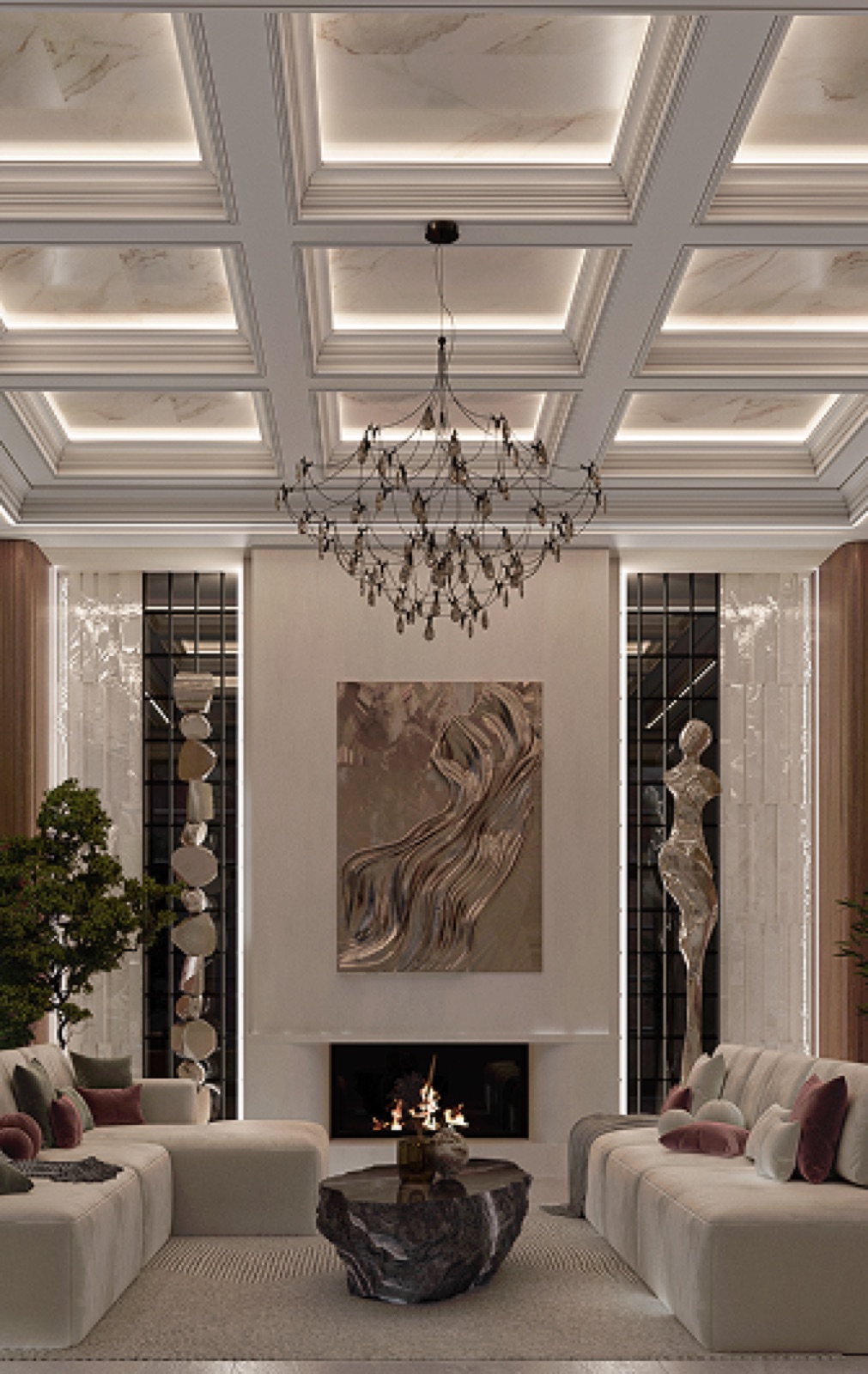 Elegant lounge with fireplace and chandelier