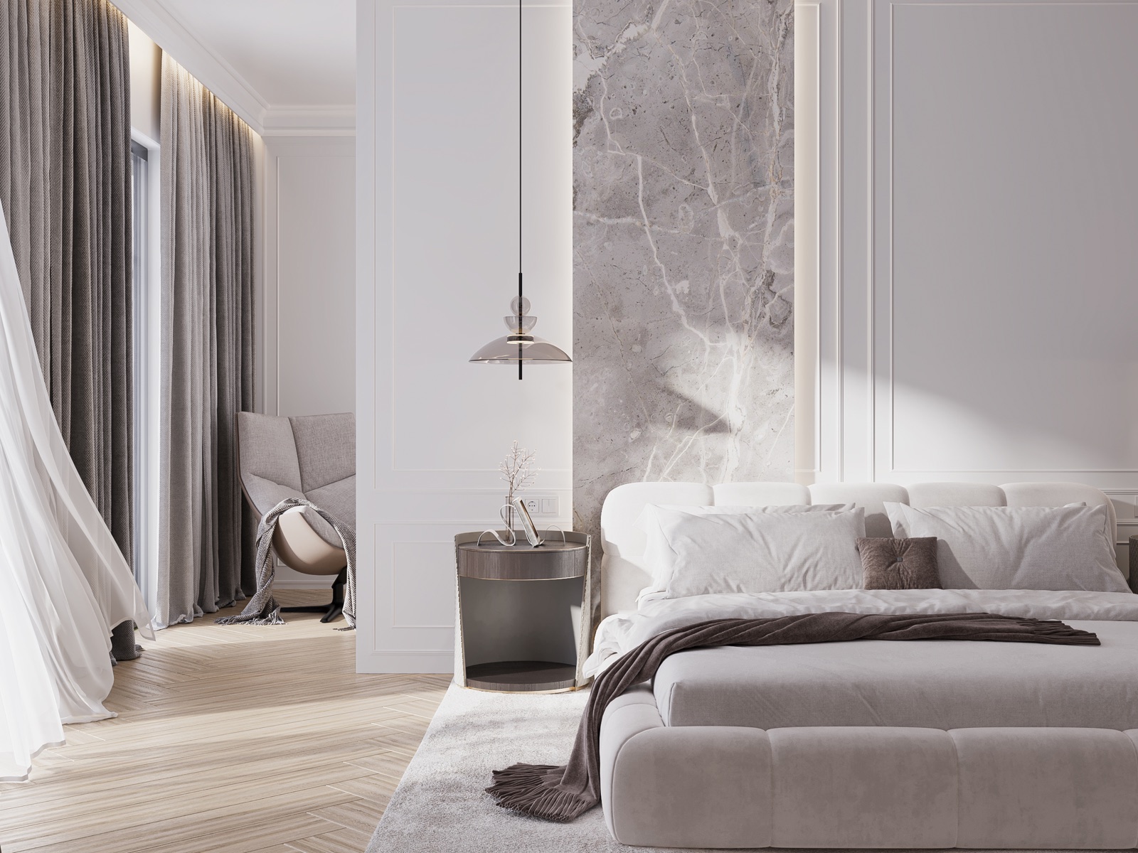 Soft bedroom interior with layered neutral textiles