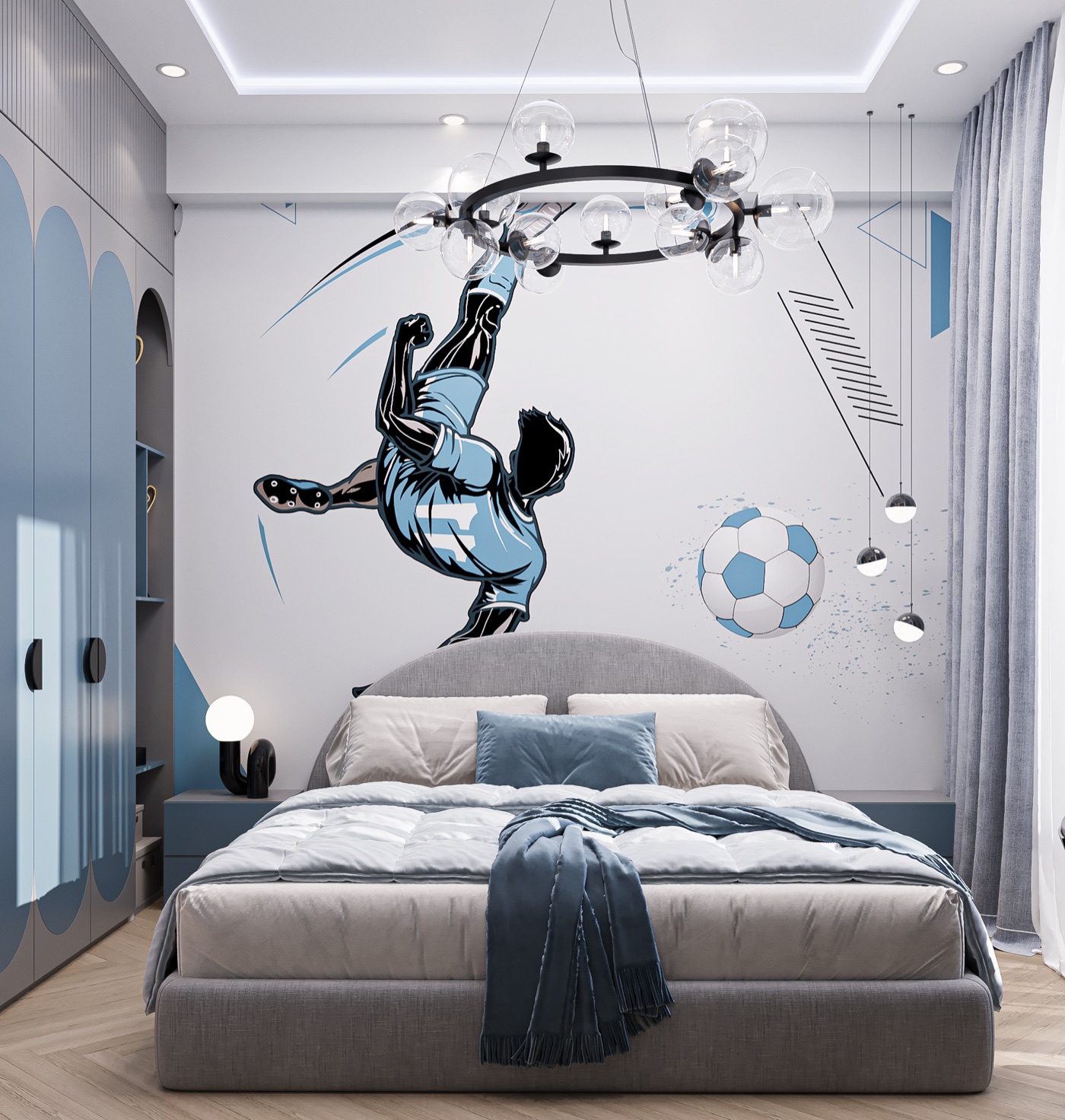 Kids bedroom with football wall art and blue storage details