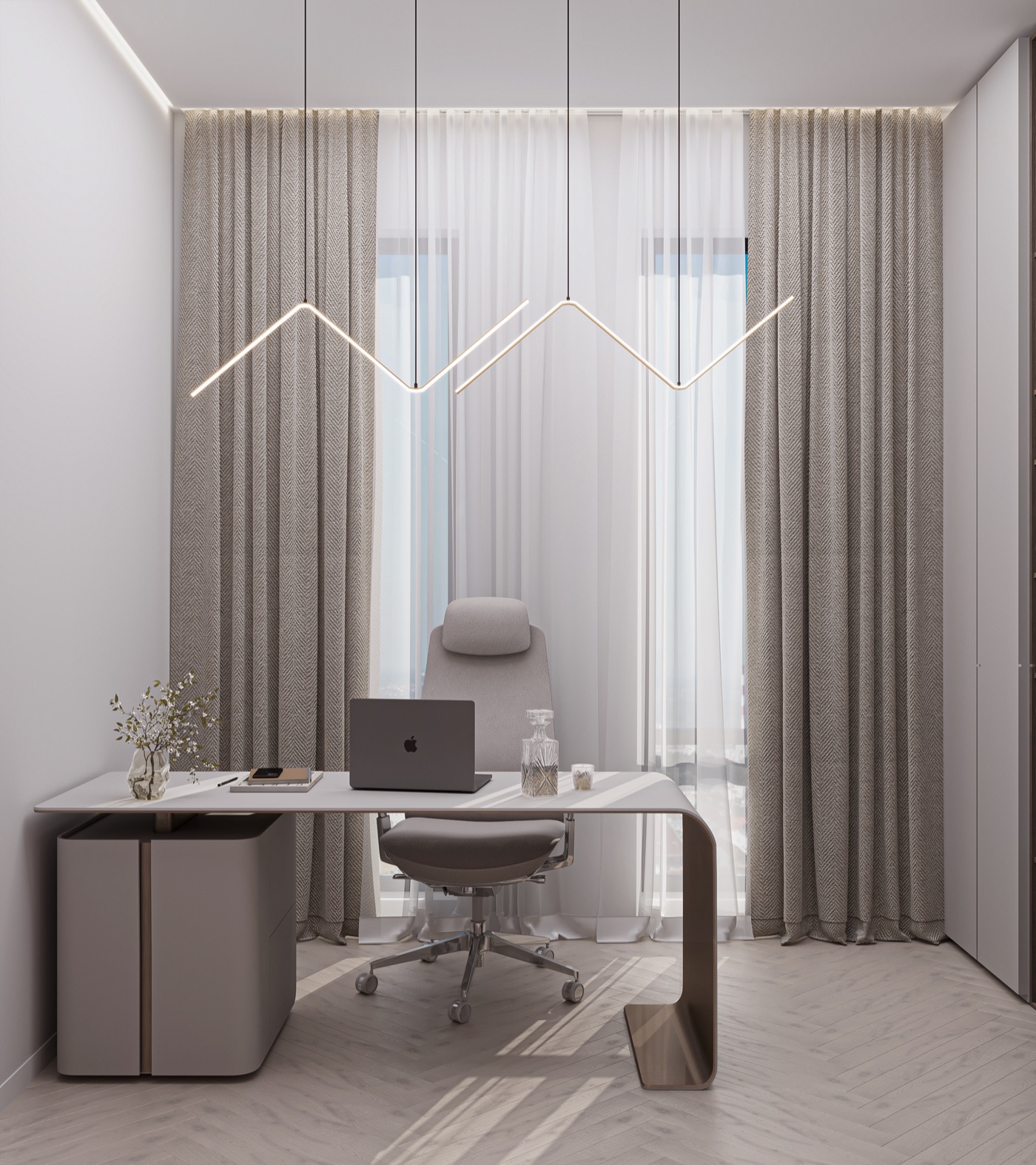 Light home office with soft curtains and sculptural desk