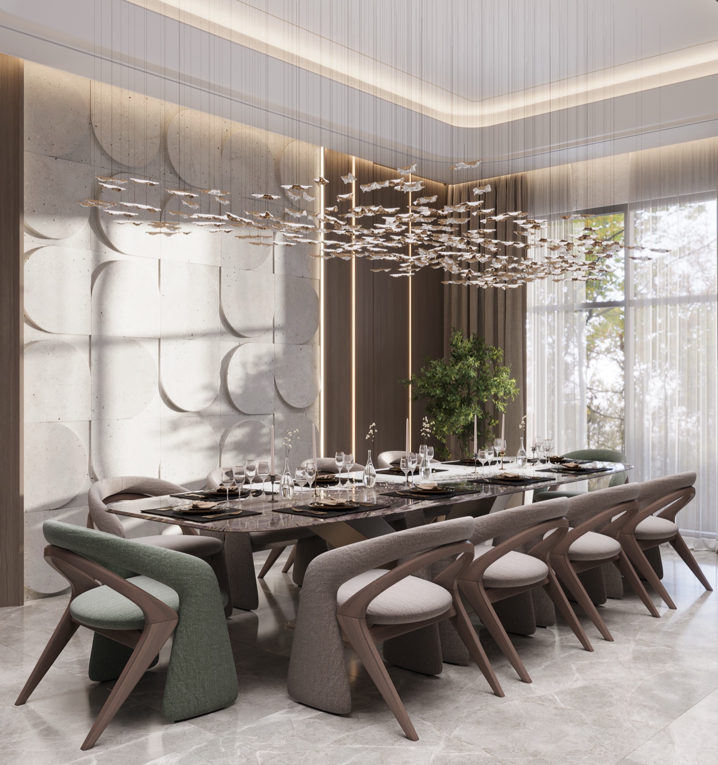 Grand dining room with sculptural chandelier and textured wall